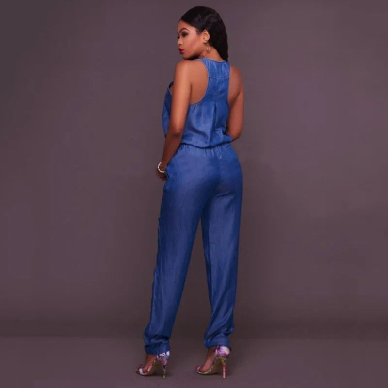 Womens Sleeveless Denim Jumpsuit Waist-Cinching Romper with Long Pants Stylish Summer Outfit