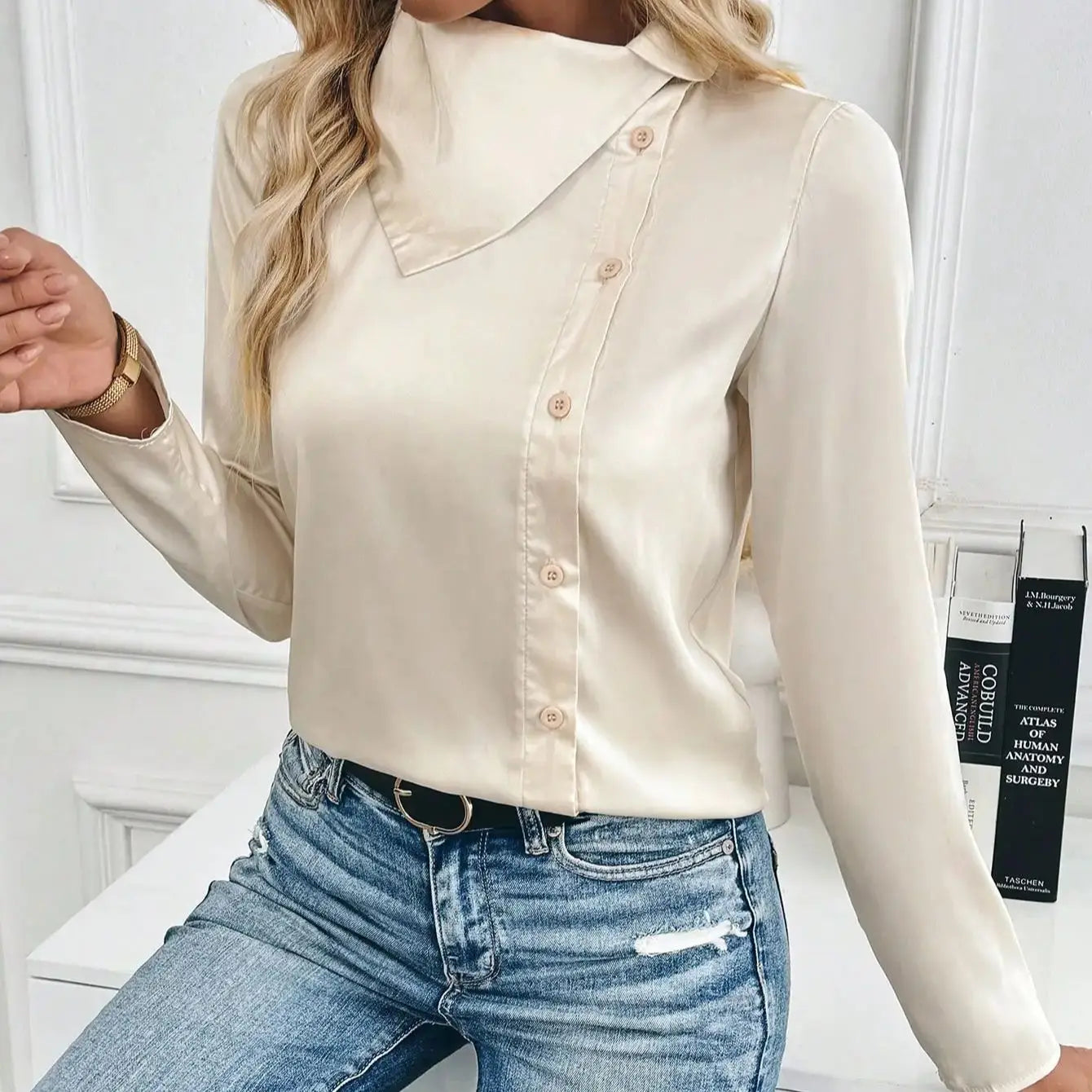 Elegant Asymmetrical Profiled Lapel Long Sleeve H-Line Fall Winter Shirt for Women