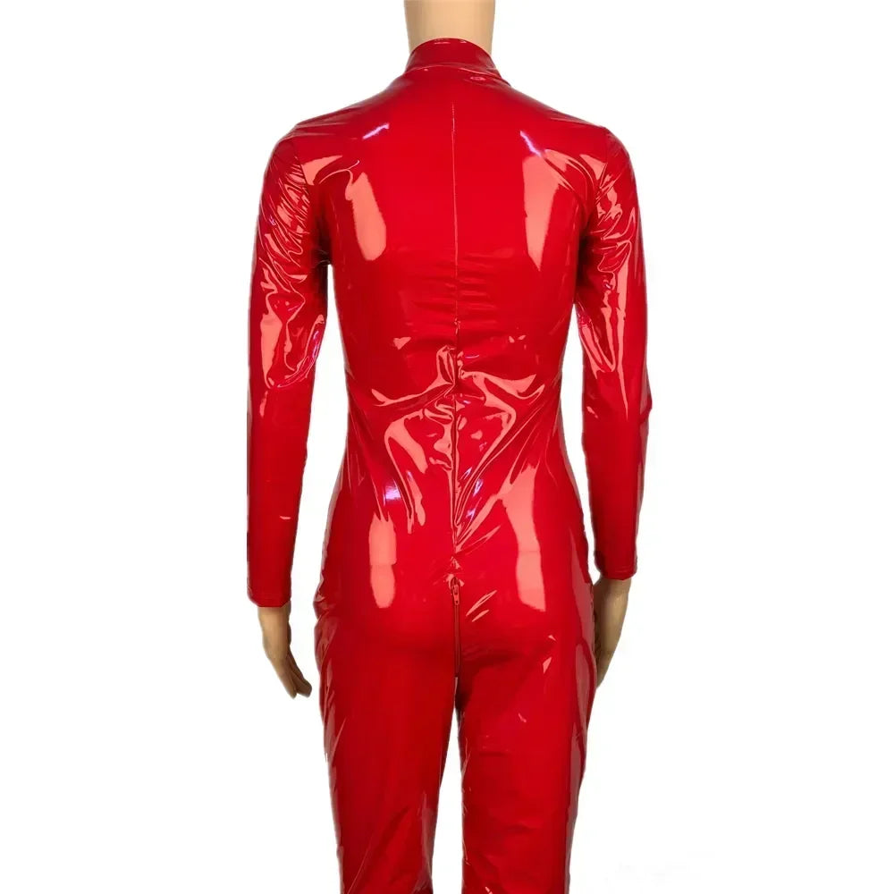 Womens Wet Look PU Leather Jumpsuit Long Sleeve Shiny Latex Bodysuit Zipper Open Crotch Stretch Clubwear Plus Size