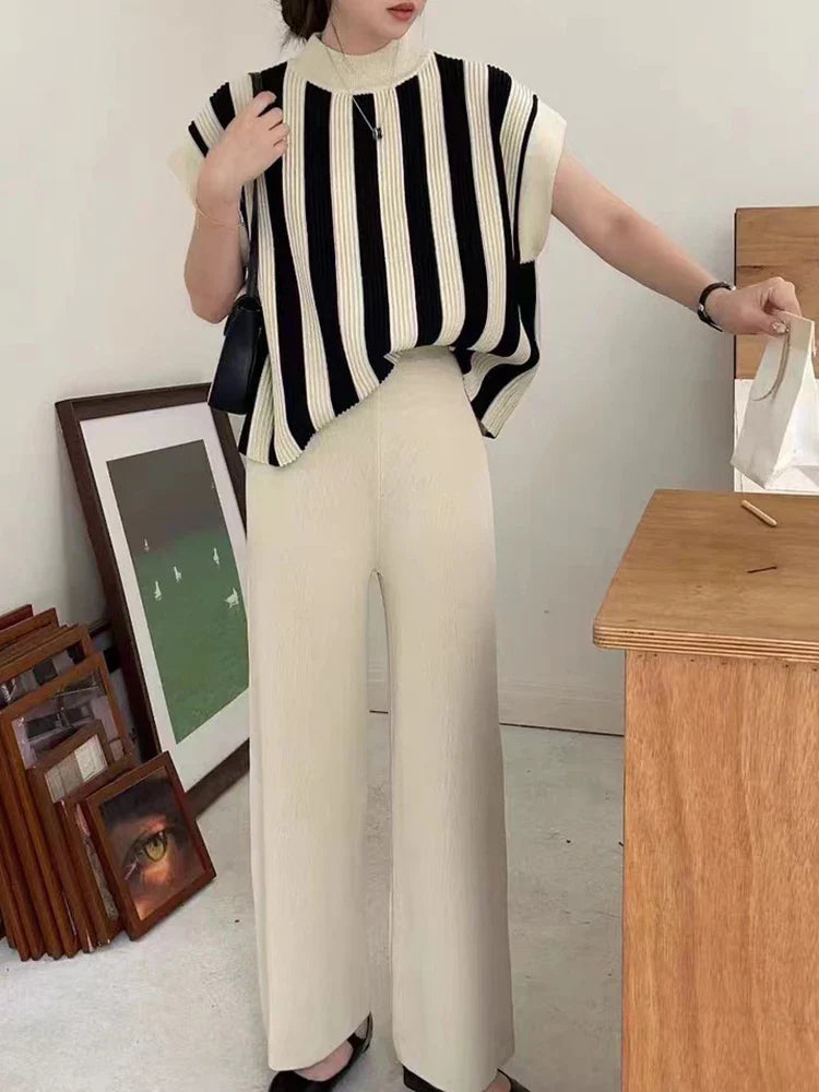 Women Casual Striped Sweater Pant Set Autumn Winter Knitted Short Sleeve Tops and Elastic Sweater Pants