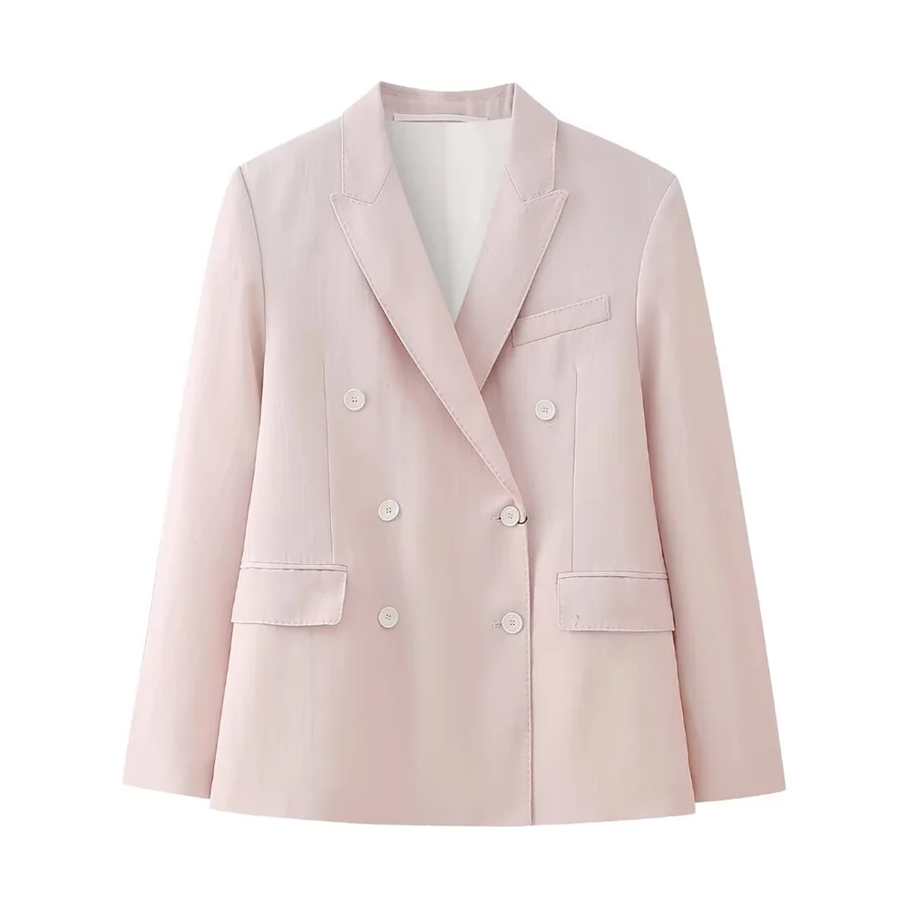 Pink Draping Casual Double Breasted Women's Commuter Suit Coat with Straight Leg Pants