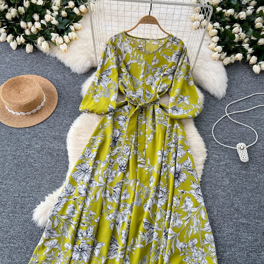 Boho Floral Print Pleated Maxi Dress With Puff Sleeves Belt