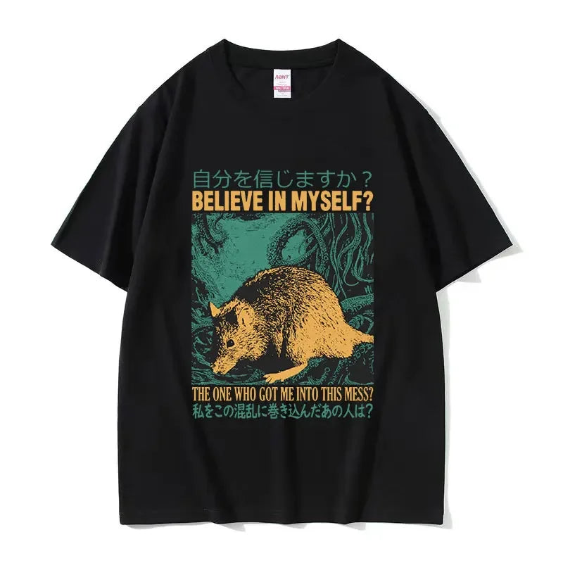 Believe in Myself Funny Graphic T Shirt with Retro Japanese Rat Print for Men and Women Oversized Fashion Tee