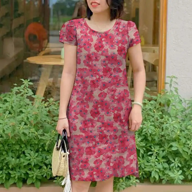 Boho Floral Print Knee Length Dress For Women With Pockets