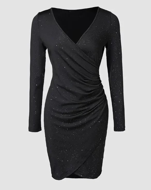 Elegant Black V Neck Glitter Mini Dress With Long Sleeves