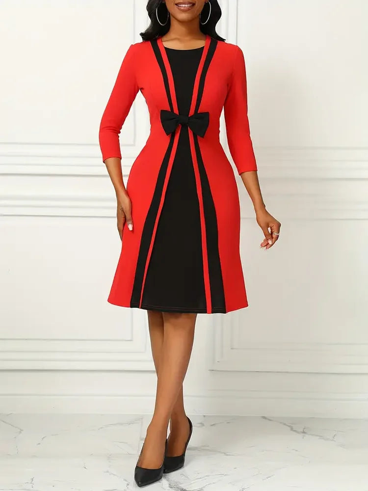 Elegant Square Neck Dress With Patchwork And Bow Details