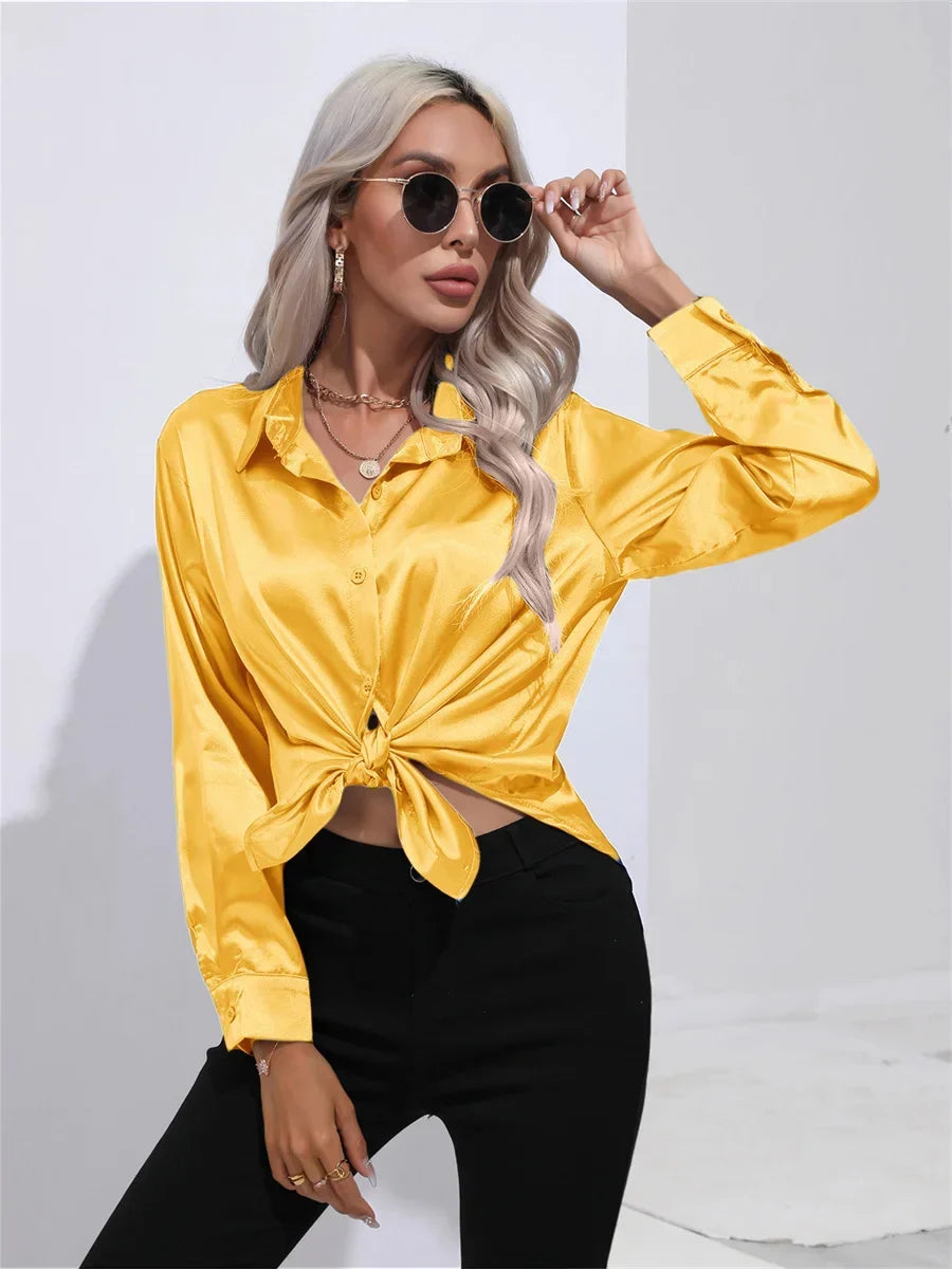 Women's Casual Satin Blouse with Long Sleeves and Turn-Down Collar Solid Color Shirt for Spring and Autumn