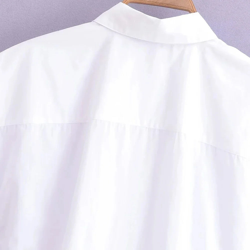 Asymmetric Poplin Shirt for Women with Front Knot Ties Short Sleeve Button-Up Chic Blouse Top