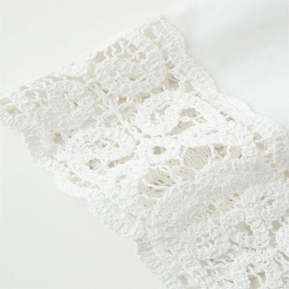 Women White Long Sleeve Blouse and Wide Leg Pants Set with Lace Trim Elegant Design