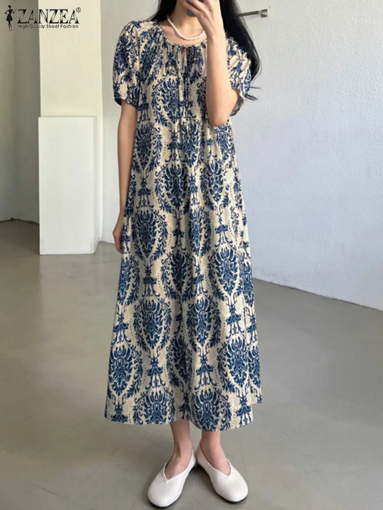 Women Loose Casual Maxi Dress With Lace Up O Neck Printed