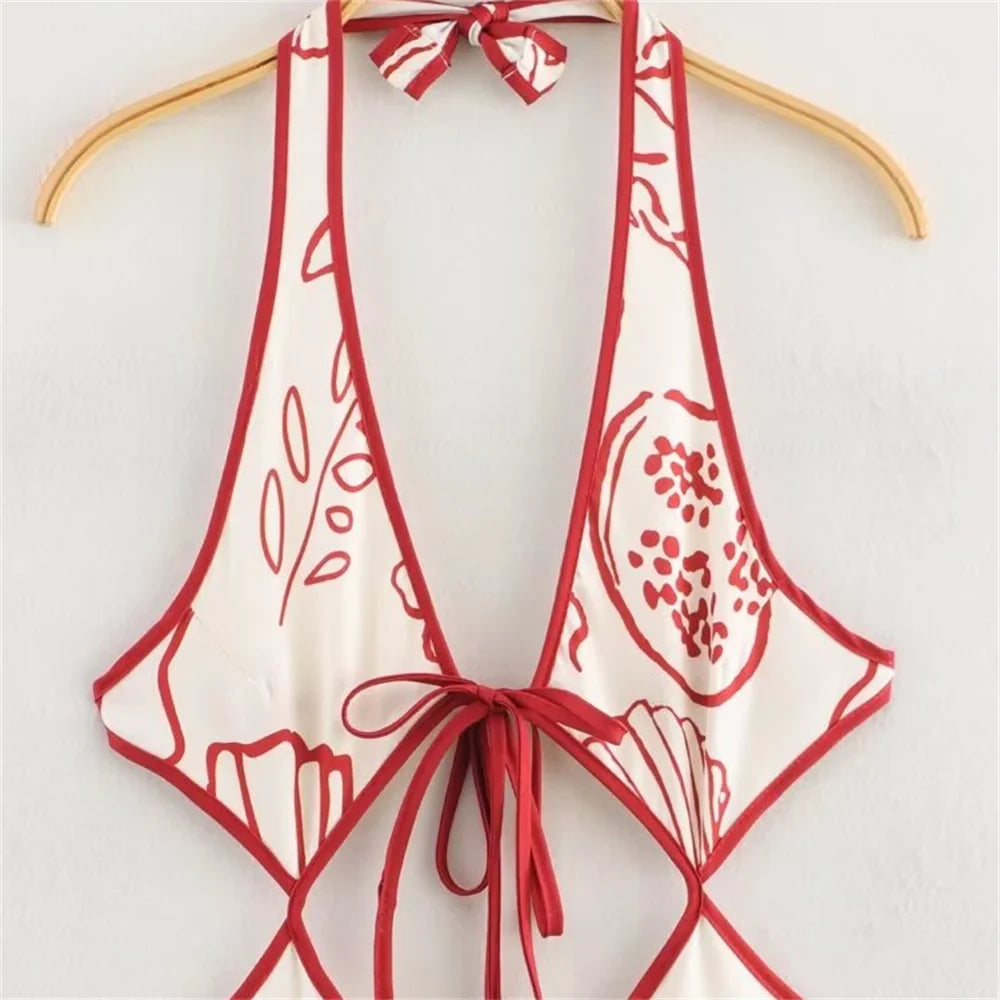 Halter Neck Floral Hollow Out Long Winter Dress For Women