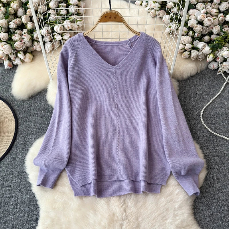 Knitted V-Neck Sweater and Straight Jogging Pants Women's Tracksuit Set