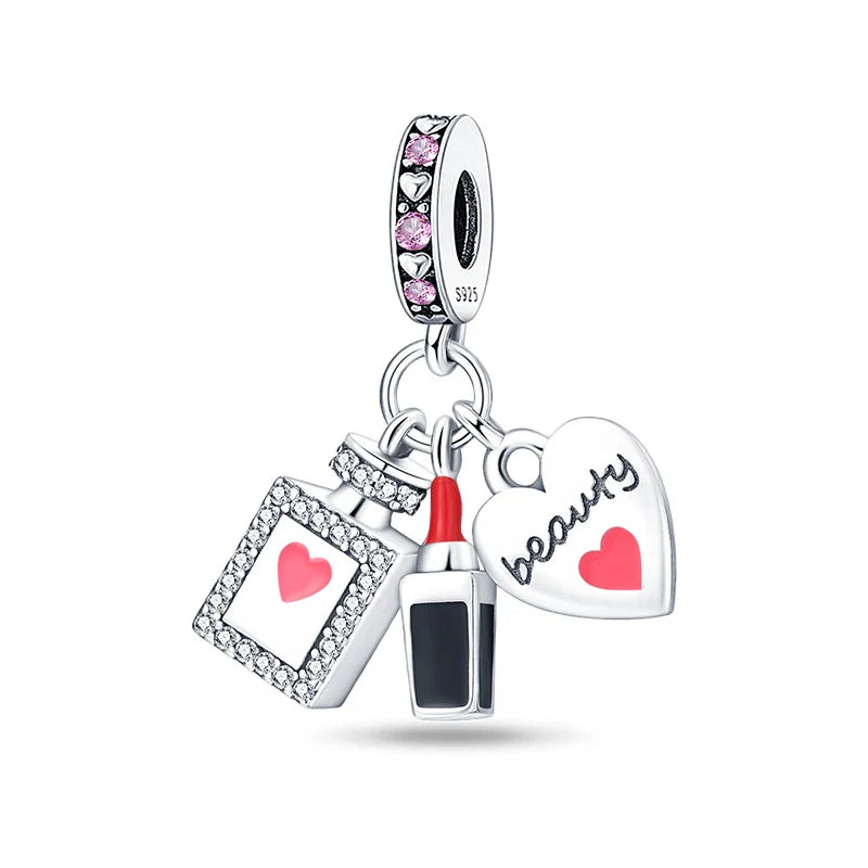 925 Silver Red Charms Beads for DIY Jewelry Bracelets Featuring Strawberry Ladybird and Lipstick Design