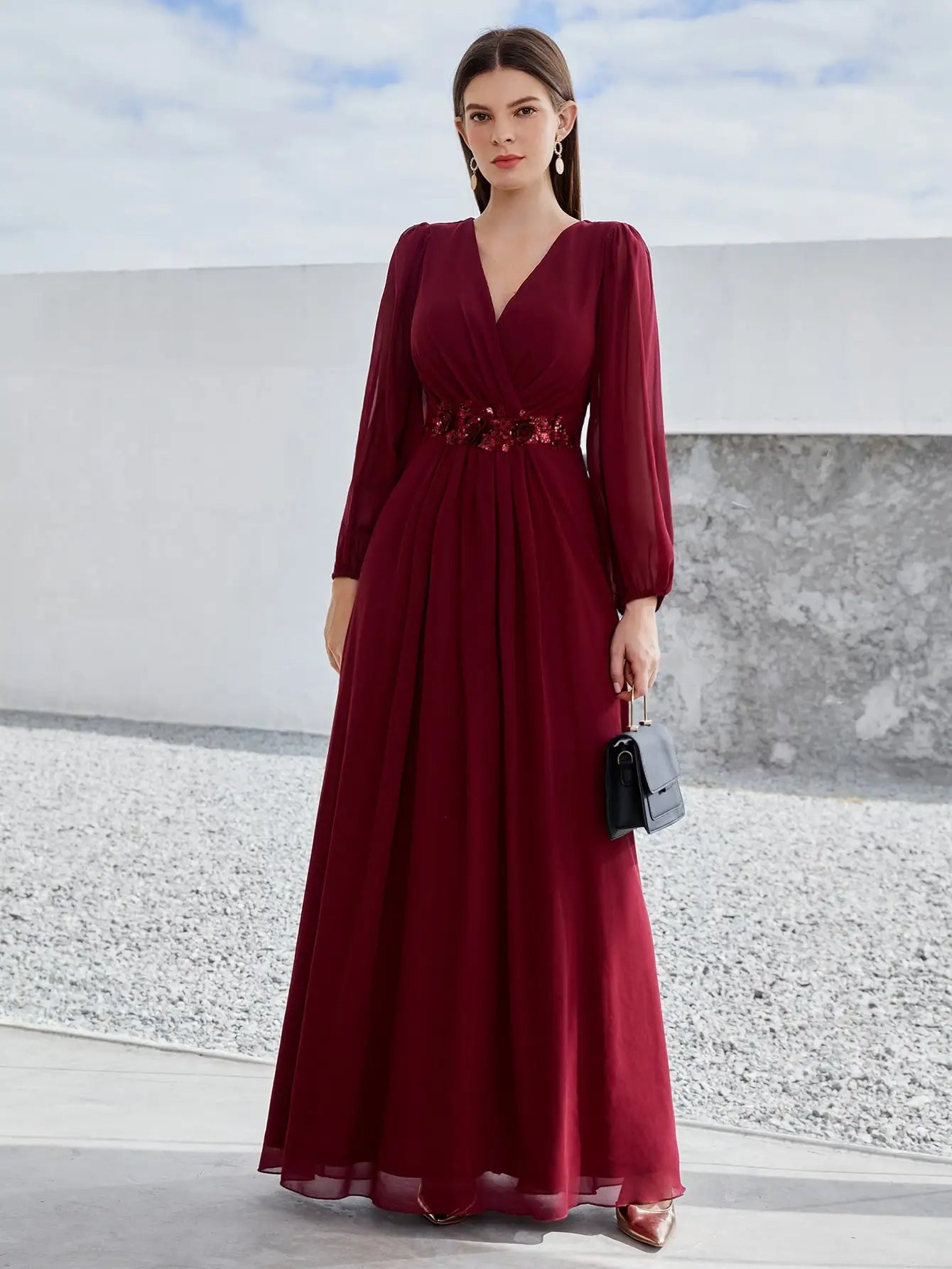 Beaded Print Chiffon V Neck Long Sleeve Evening Gown