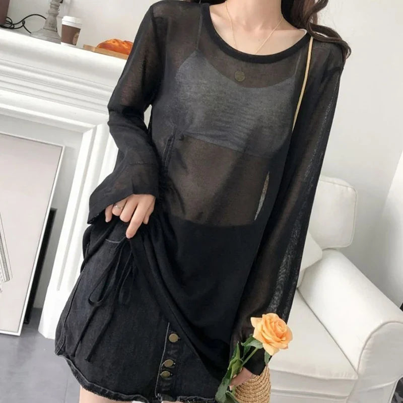 Rimocy Women Ice Silk Long Sleeve Sunscreen T Shirts for Summer Fashion with Drawstring Loose Fit