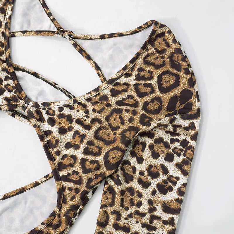 Leopard Print Long-Sleeved Crop Top with High-Waisted Trendy Jumpsuit Sexy Chic Stylish Outfit for Women
