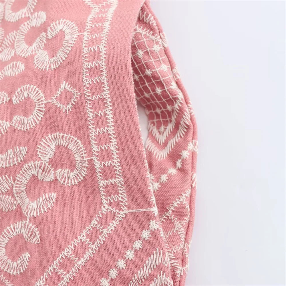 V-Neck Embroidered Kimono Style Mid-Length Windbreaker and High Waisted Straight Leg Pants Set for Women