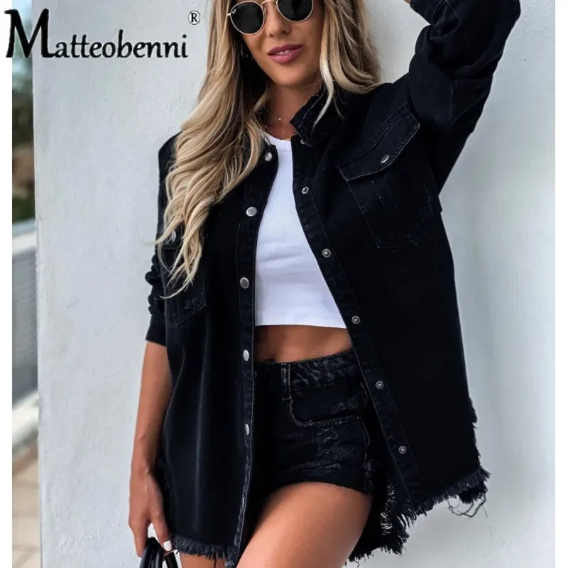 Women's Long Sleeve Denim Shirt with Ripped Details Mid-Length Button-Up Boyfriend Fit Casual Loose Top