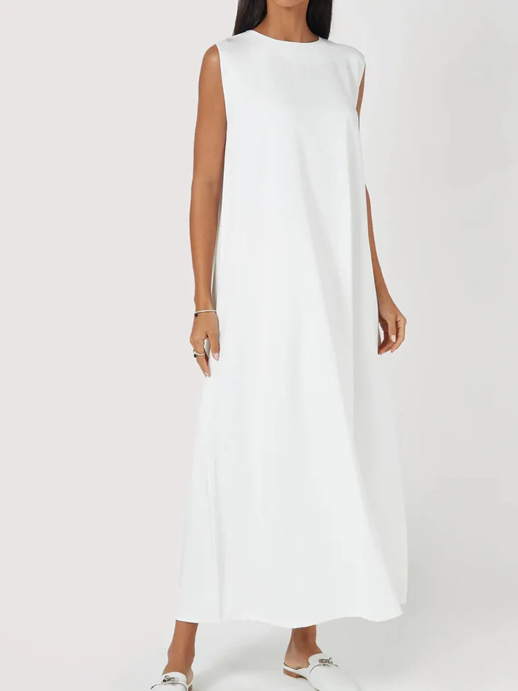 Casual White Dress Loose Round Neck Draped Straight Skirt