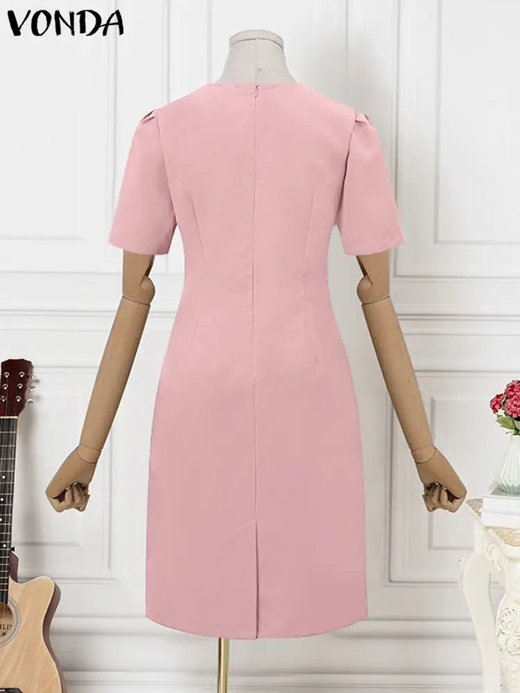 Elegant Women Office Dress V Neck Solid Color Short Sleeve