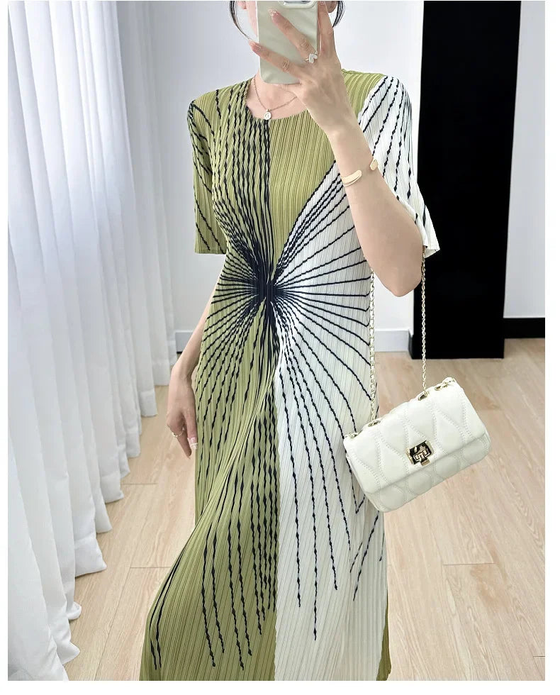 Women Pleated Dress Black White Print O Neck Short Sleeve