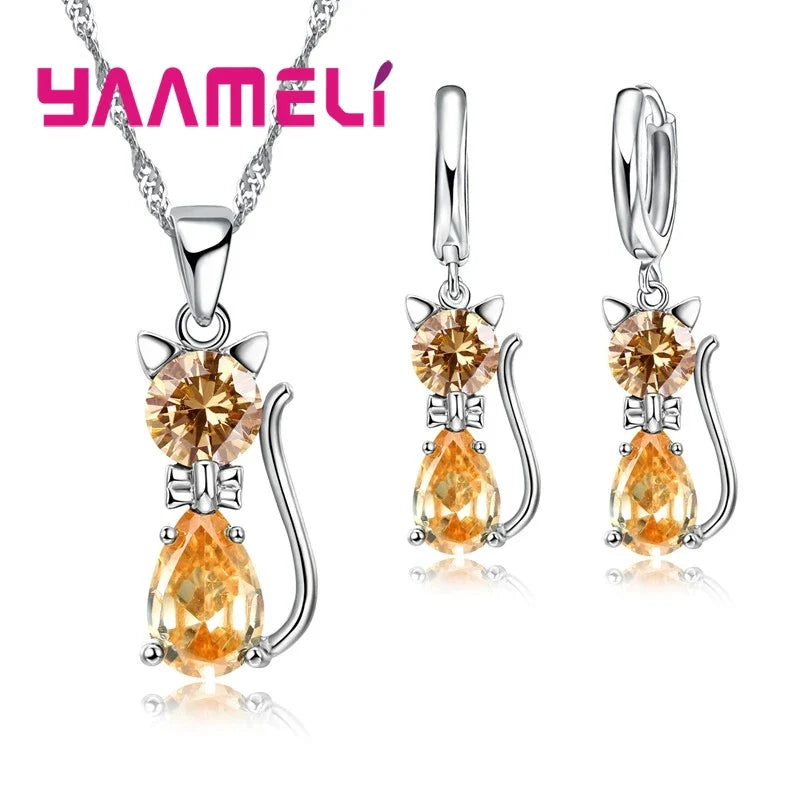 925 Sterling Silver Cat Pendant Necklace and Huggie Earring Jewelry Set with Shining Austrian Crystal for Women and Girls