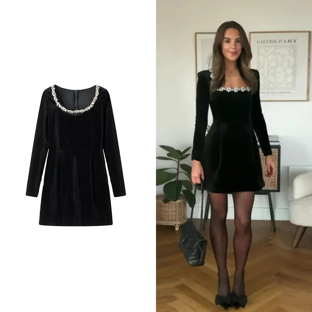 Beaded Mini Dress With Plunge Neckline And Long Sleeve