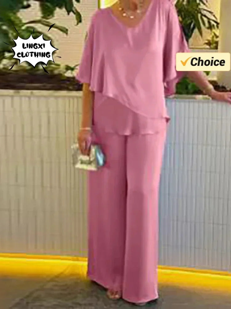 Elegant Women's Summer Two Piece Set with V-Neck Irregular Top and High Waist Wide Leg Pants in Solid Color