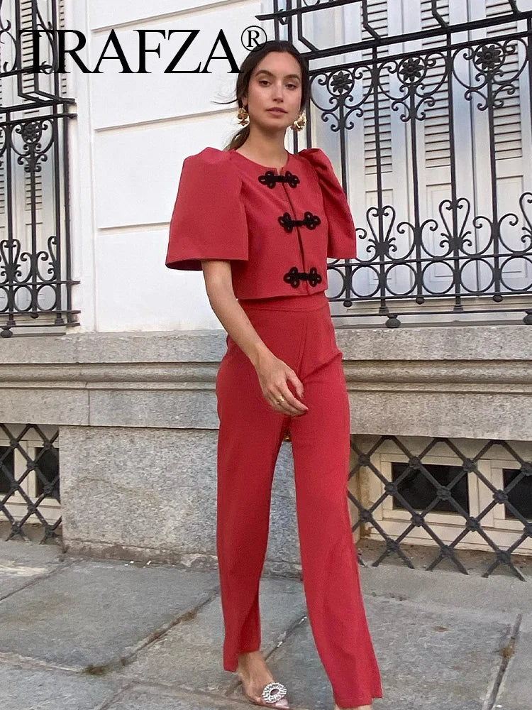 Women Summer Casual Pants Suit with Puff Sleeve Shirt and Elegant Long Pants Matching Set