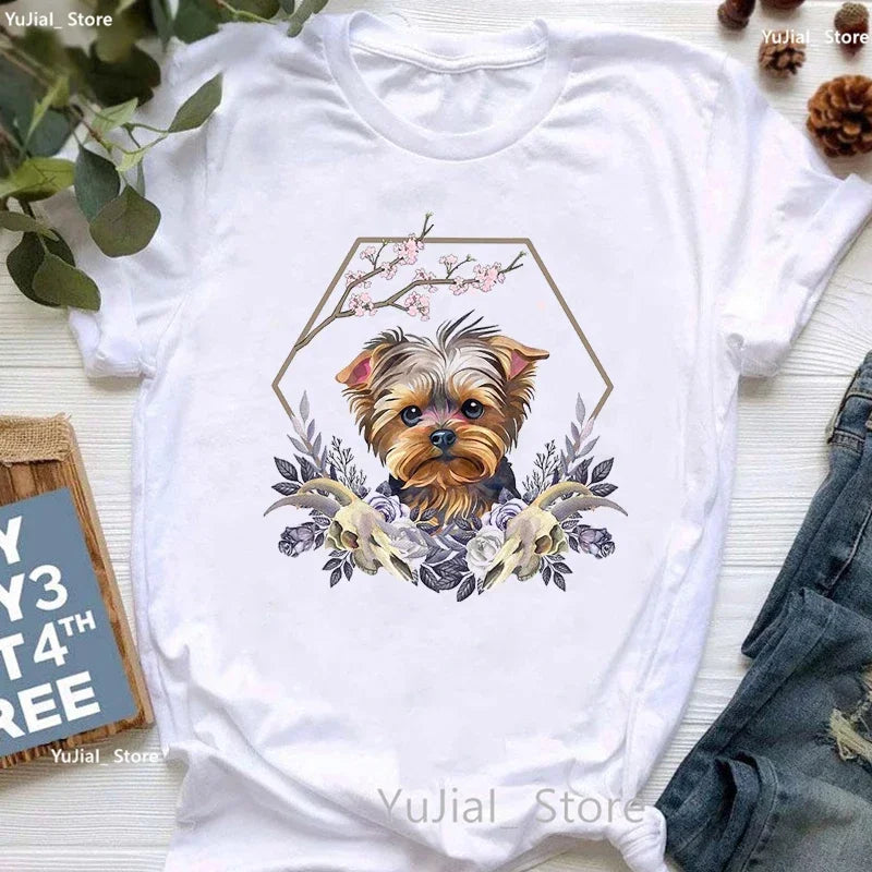 Golden Puppy Sunflower Dog Lover T Shirt for Girls Kawaii Summer Fashion Top with Pug and Yorkie Design