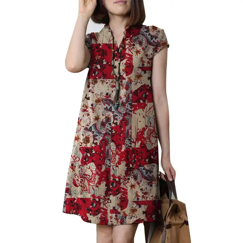 Bohemian Floral Knee Length Sundress For Summer Vacation