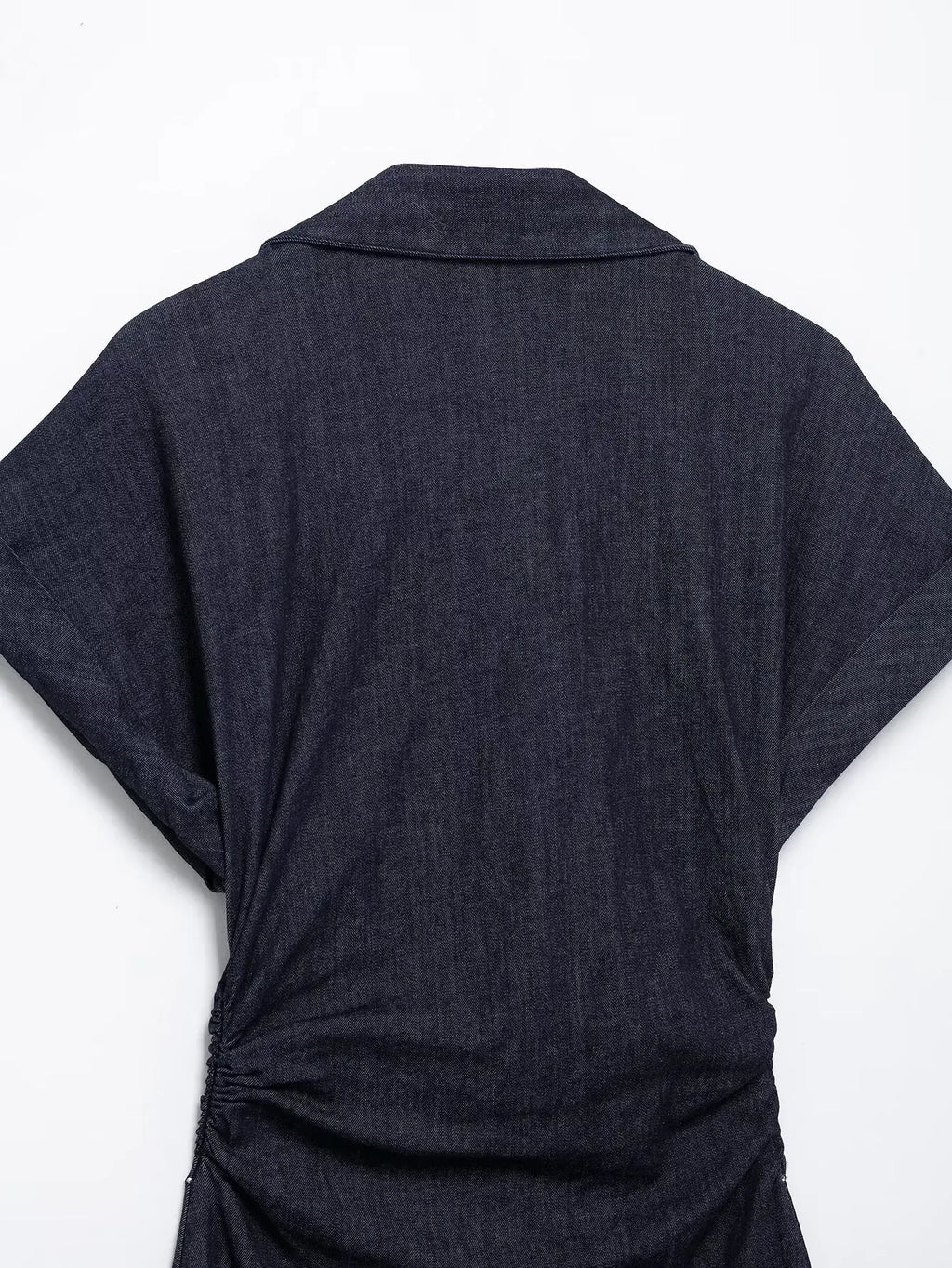 Navy Blue Pleated Denim Midi Dress for Women Short Sleeves