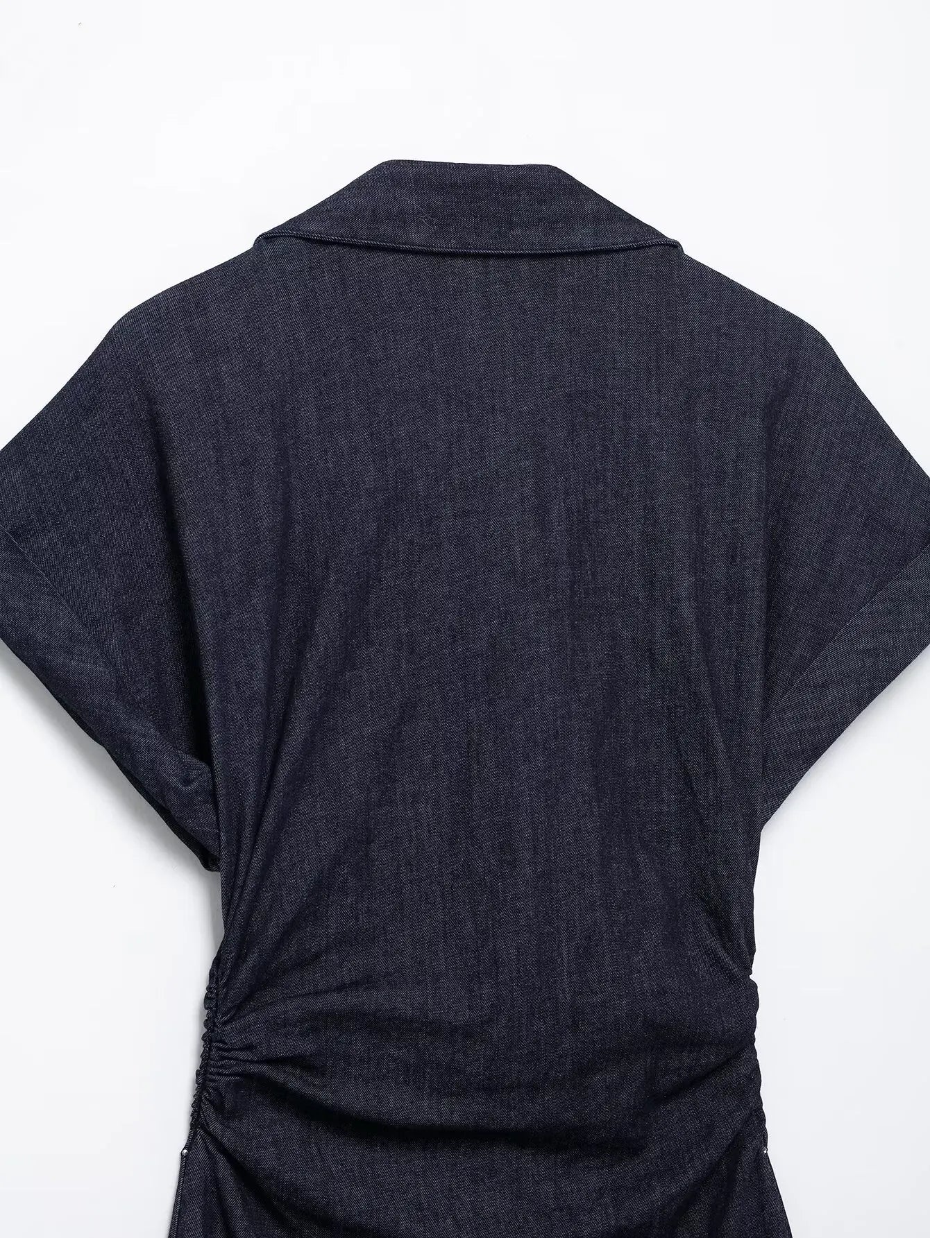 Navy Blue Pleated Denim Midi Dress for Women Short Sleeves