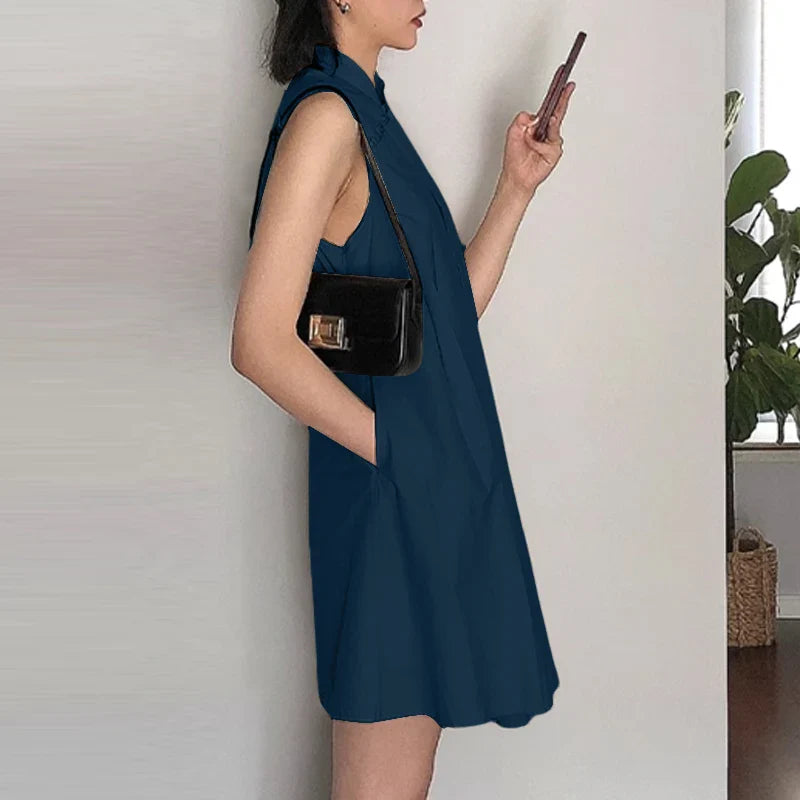 Mandarin Collar Pleated Sundress Women Sleeveless A Line