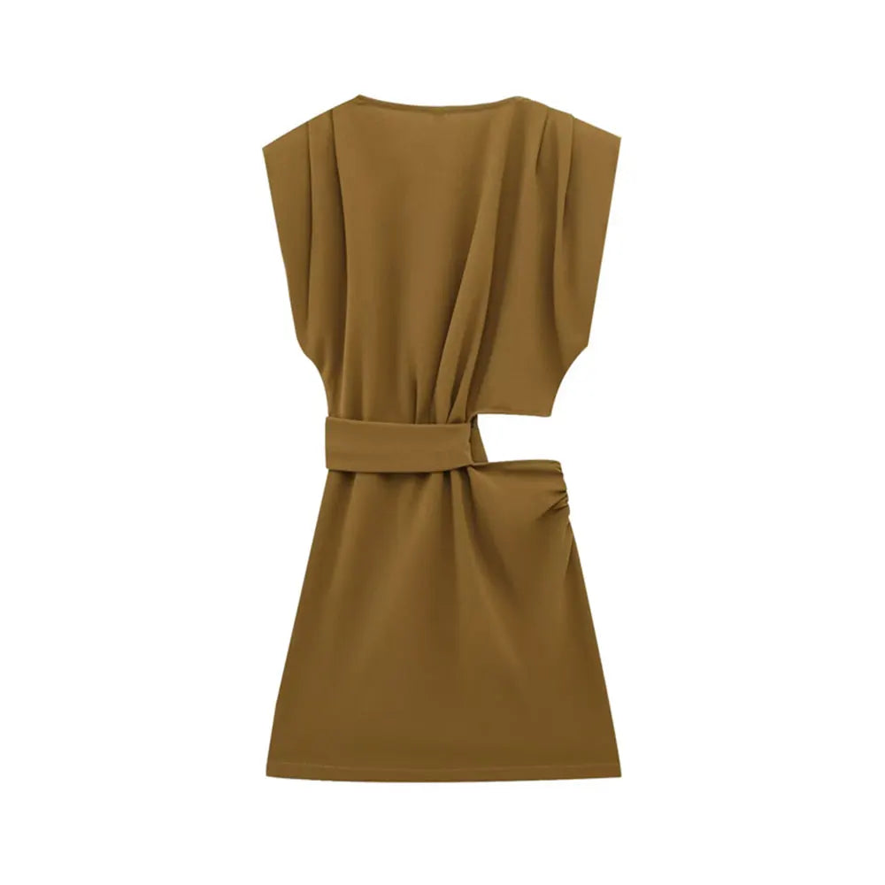 Hollow Out Draped Mini Dress O Neck Sleeveless Women