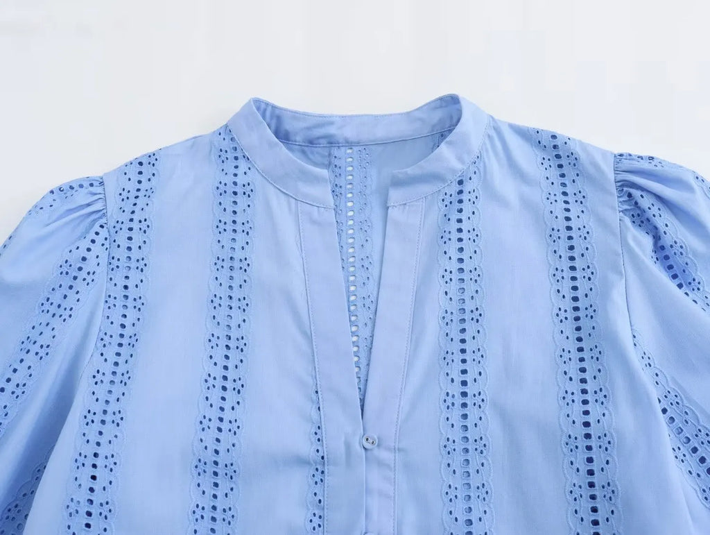 Loose Lace Up White Shirt for Women Elegant Hollow Out Embroidered Puff Sleeve Cropped Top