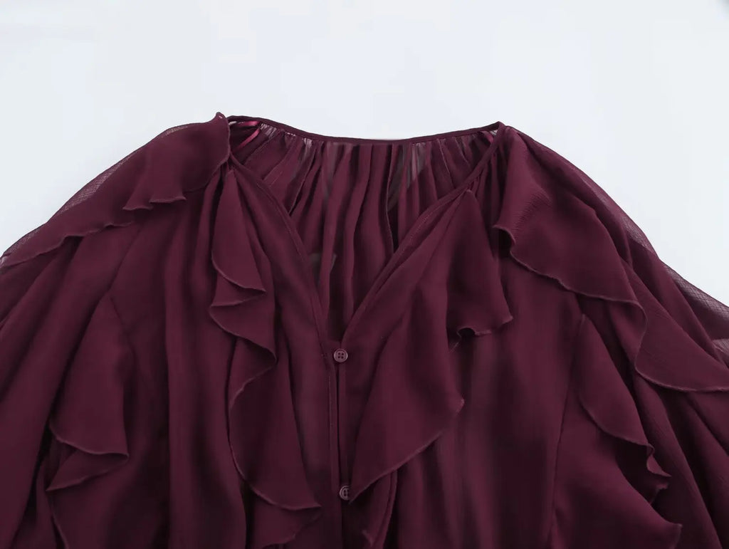 Sexy Translucent Ruffle Blouse for Women V Neck Single Breasted Tiered Casual Beach Shirt