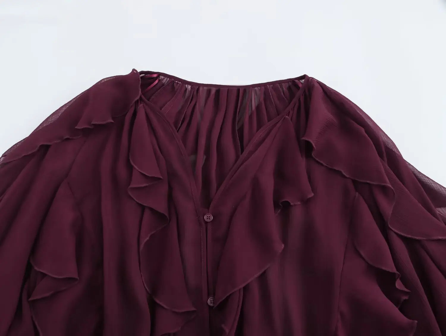 Sexy Translucent Ruffle Blouse for Women V Neck Single Breasted Tiered Casual Beach Shirt