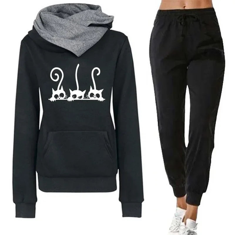 Womens Cute Cat Print Tracksuit Hooded Sweatshirt and Jogging Pants Set for Casual Autumn and Winter Wear