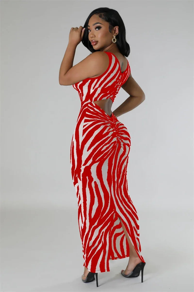 Zebra Print Bodycon Maxi Dress Ruched Sleeveless Party