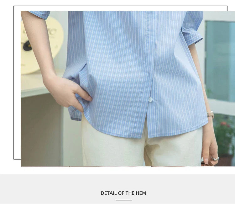 Women Casual Blue Stripe Short Sleeve Polo Collar Shirt Elegant Loose Office Blouse Single Breasted Summer Chic Top