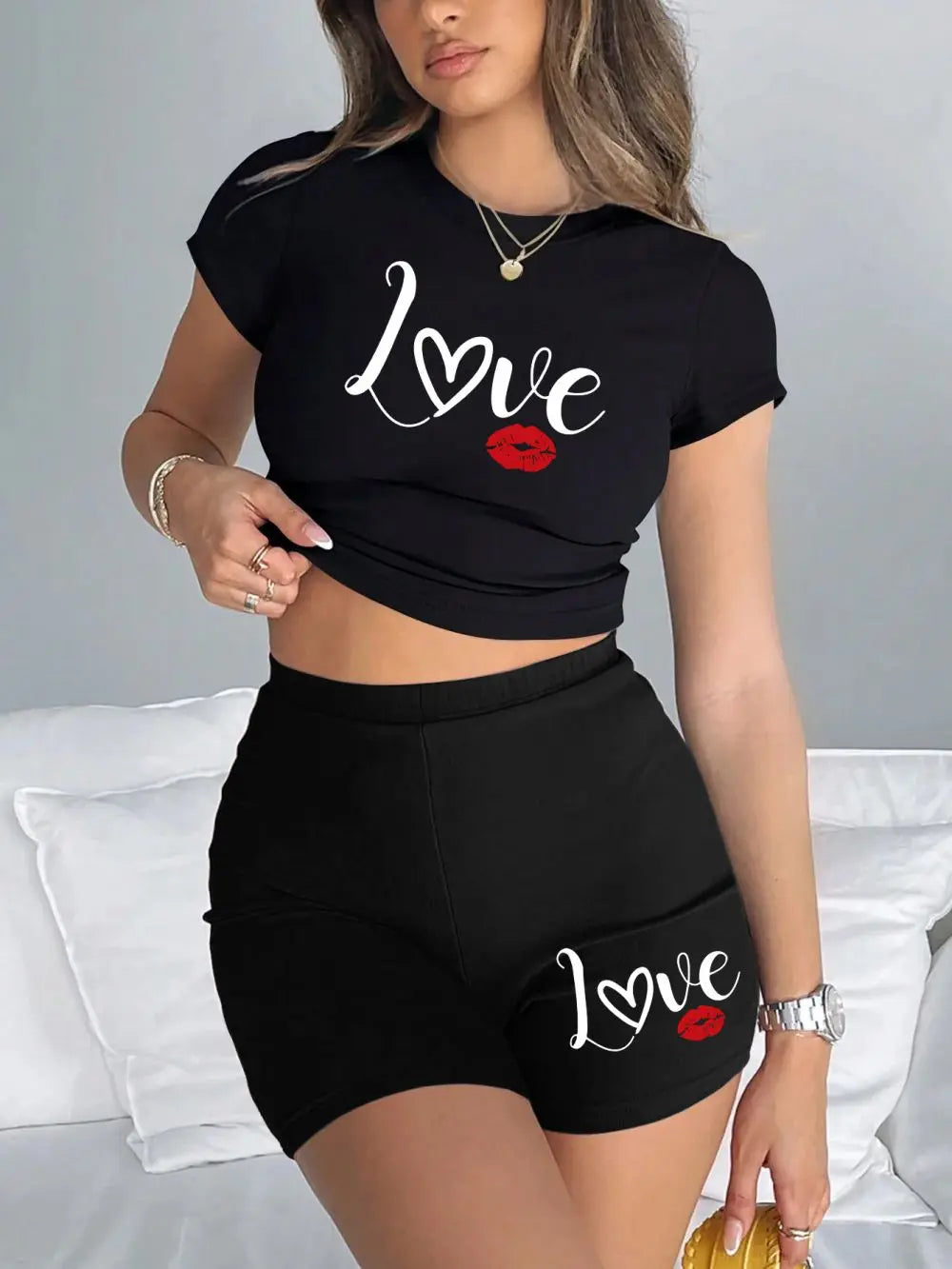 Casual Womens Two-Piece Crop Top and Shorts Set with Love Lip Pattern Letter Print Soft Slim Fit O-Neck T-Shirt and High Elastic Shorts
