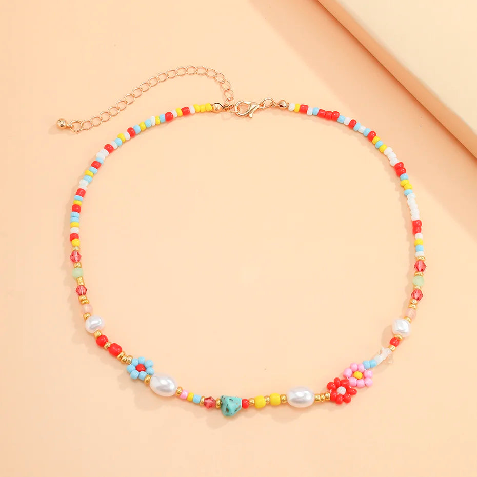 Baroque Simulated Pearl Colorful Flower Beaded Choker Necklace for Women and Girls