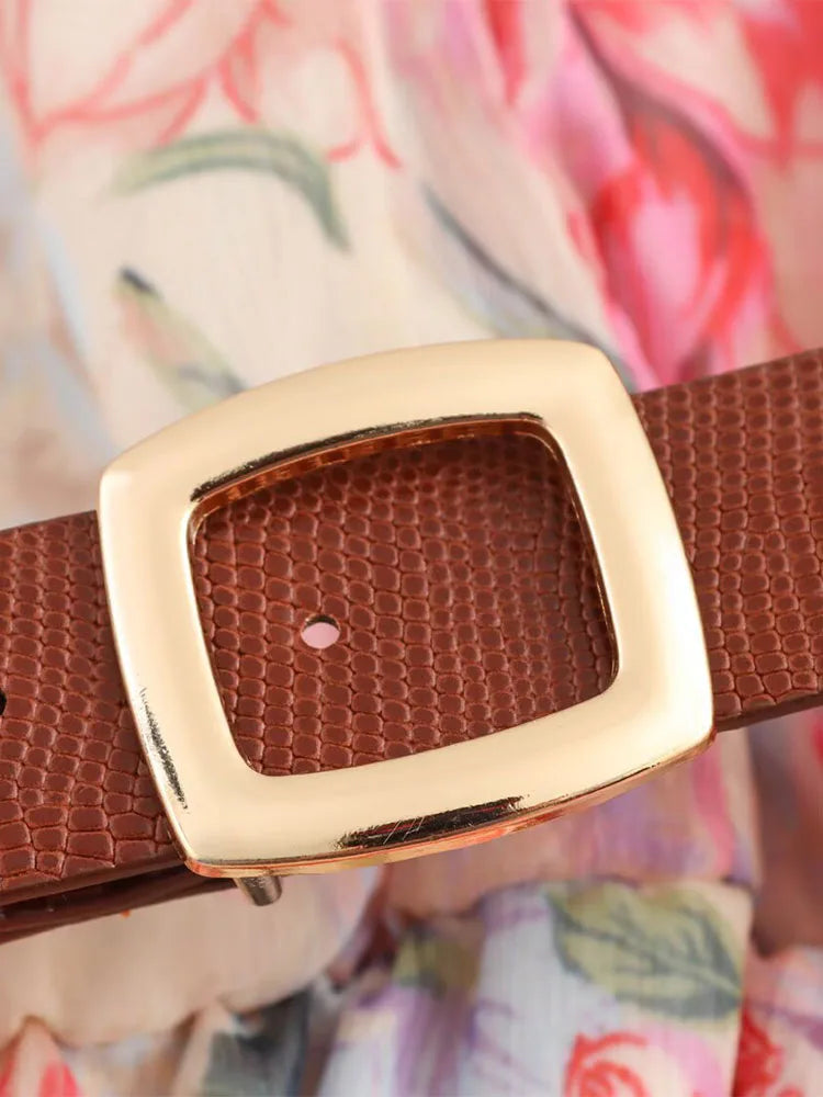 Floral Print Midi Dress With Belt Bow Collar Long Sleeve