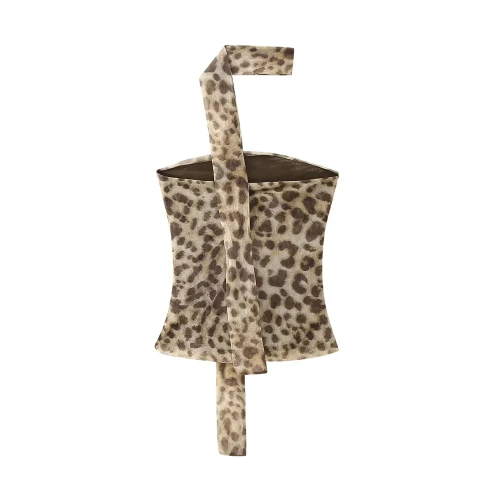 Strapless Leopard Print Tulle Draped Bustier Top with High Waist Long Skirt Two-Piece Set for Women Sexy Evening Outfit