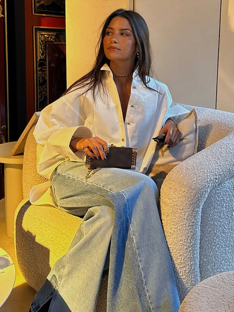 White Chiffon Shirt for Women with Lapel Collar Lantern Sleeves Single Breasted Irregular Hem Loose Fit Blouse Elegant Casual Top