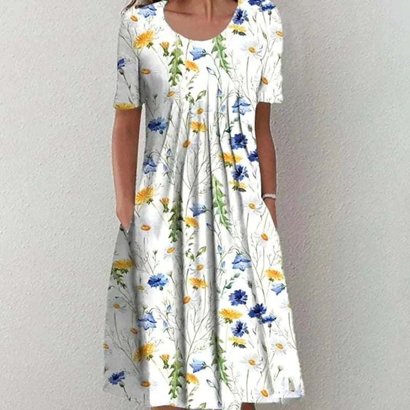 Summer Floral Print Midi Dress For Women Loose Swing