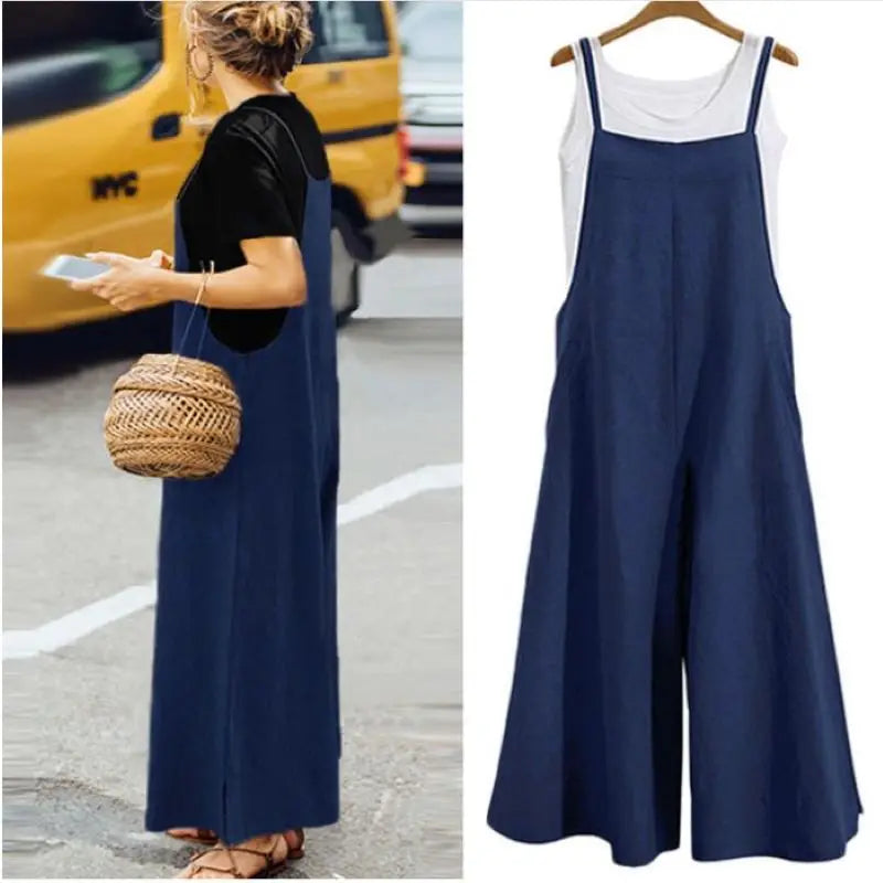 Women's Summer Sleeveless Wide Leg Jumpsuit Solid Color Cotton Linen Bib Overalls Casual Loose Fit Ankle-Length Straps Dungaree