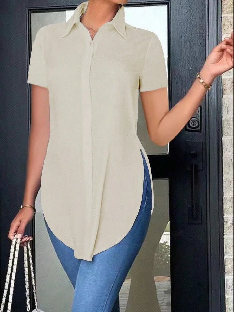 Women's Asymmetrical Buttoned Casual Top with Side Slit Turn-Down Collar Long Sleeve Shirt for Everyday Wear