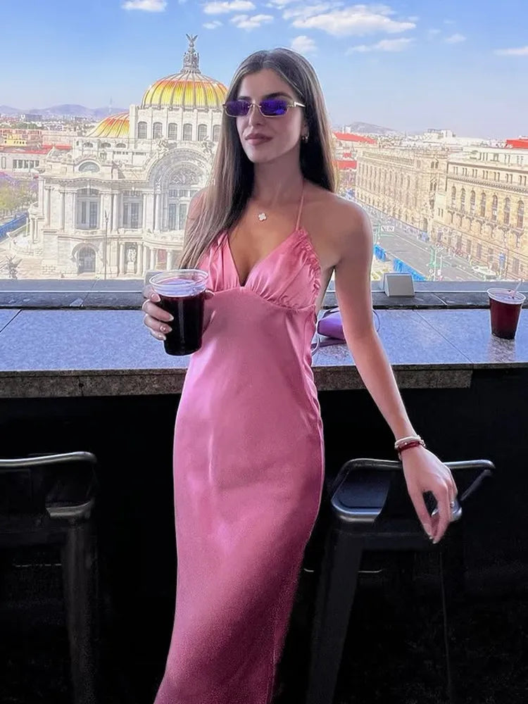 Sexy Satin Backless Suspender Dress Solid Color Glamour
